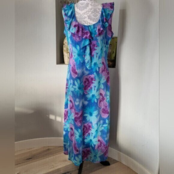 Vintage 90s Sleeveless Floral Teal Blue Dress Size 10 womens - Picture 2 of 16